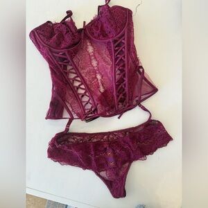 Honey Birdette Elegant Lace Corset and Panty Set in Deep Purple